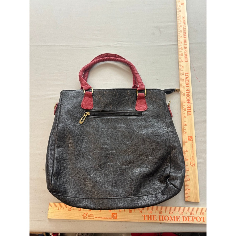 Jingpinpiju Black Red Embossed Letter Faux Leather Tote Bag Handbag